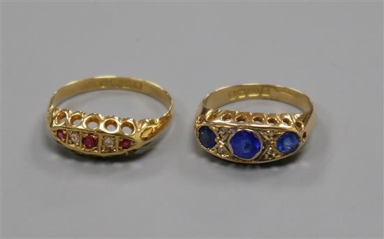 An early 20th century 18ct gold, ruby and diamond five stone ring and one other similar 18ct gold and gem set ring.